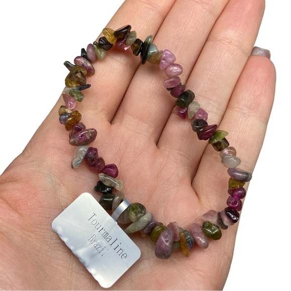 Tourmaline Gemstone Chips Beaded Stretch Bracelet Stone Boho Beads Green Pink - Picture 4 of 4